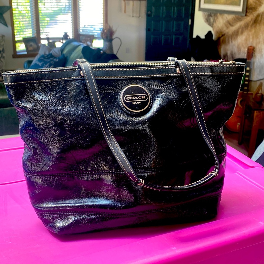 Medium size Coach patent black leather purse